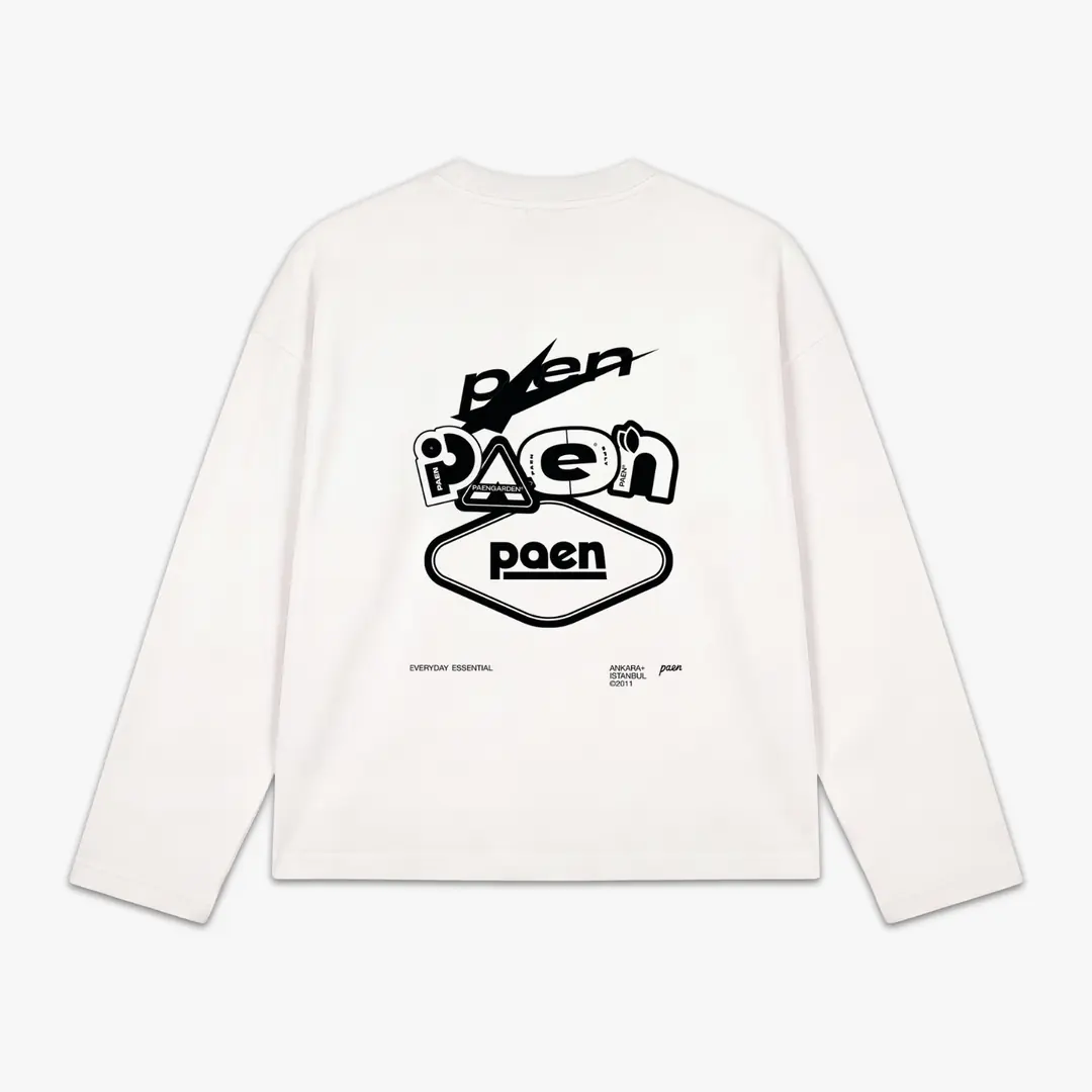 PAEN Unisex Oversize Uzun Kollu T-shirt - Stamps Beyaz